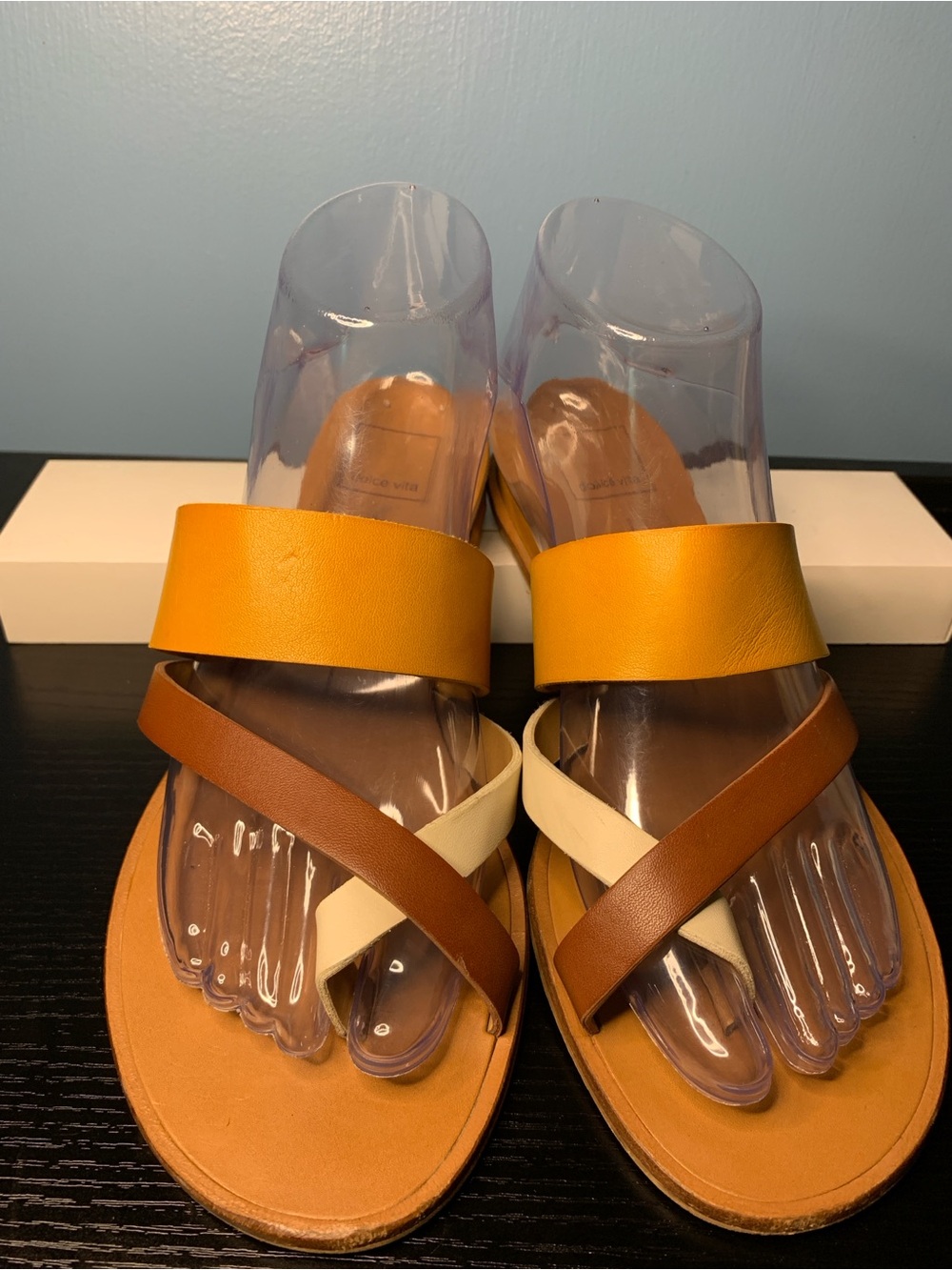 Dolce Vita Tan, Brown & Cream Leather Slide Sandals